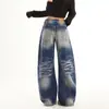 Pantalones unisex YKK retro americano lavados con diseño de salpicaduras azules desgastados, holgados, de alta costura, con corte curvo