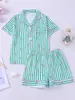 Pijama de Verano Delgado para Niñas Estampado de Copas de Vino Cardigan con Solapa Manga Corta Pantalón Largo Ropa de Casa Infantil Conjunto de Dos Piezas