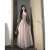 YS Cream Champagne Estilo Coreano Caimento Solto Manga Morcego Cardigan de Tricô Top de Renda Vestido Longo de Rede Conjunto de Três Peças para Mulheres