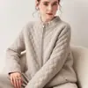 Cardigã de Algodão Texturizado Suéter de Cashmere Feminino Zíper Duplo Tricotado Solto Cardigã de Lã Engrossado Jaqueta Casual