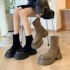 Sapatos Femininos com Salto Plataforma Aumentadores de Altura 2026 Outono e Inverno Novo Estilo Botas de Camurça Meio da Panturrilha Botas Martin Confortáveis Botas Chelsea de Calçar