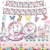 Novo Tema Borboleta Roxo Tinta Festa de Aniversário Bandeja de Papel Descartável Copo de Papel Guardanapo de Papel Suprimentos de Louça para Festa