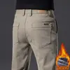 Calça casual masculina francesa premium anti-rugas, ajuste suave, corte reto, ajustada, forrada com fleece, espessa, calça social, calça comprida para inverno