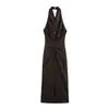 Amazon Cross-Border Roupas Femininas 2026 Moda Europeia e Americana Mistura de Linho Vestido Midi com Decote Halter para Mulheres F612366