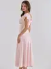 Vestido midi de gola V com mangas tipo sino para mulheres, acabamento em renda, laço no peito, cintura marcada, barra em cauda de peixe, vestido longo