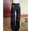 Calça jeans patchwork retro americana de rua para homens e mulheres, com design único, corte reto solto, caimento limpo, calça de algodão
