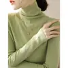 Camisa Básica de Tricô Slim Fit de Manga Longa e Gola Alta para Mulheres, Novo Estilo Outono e Inverno, Top Verde Escuro, Tendência A5455-1