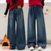 Jeans para Niñas Otoño/Invierno 2026 Estilo Nuevo Mediano/Grande Infantil Felpa Plus Bolsillos Elegantes Lazo Pierna Recta Pierna Ancha Pantalones Modernos