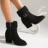 Nuevas botas cortas de moda otoño e invierno con tacón grueso y punta cuadrada para mujer, forradas de forro polar para mayor calidez, botas Martin versátiles y adelgazantes con tacón grueso y doble hebilla
