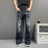 Calça Jeans Lavada Estilo Americano com Padrão de Bigodes de Gato para Homens e Mulheres Outono Inverno Retrô Cinza Fumê Desgastada Casual Perna Larga Longa