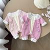 Primavera y Otoño Nuevo Bebé Niña Manga Larga Estilo Occidental Fuera de Casa Cuello con Cordones Flor de Lana Doble Capa Manga Larga Ropa de Una Pieza