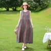 Novo Vestido de Algodão e Seda Floral de Algodão e Seda de Verão Plus Size Elegante para Praia Sem Mangas Vestido Longo para Férias