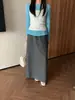 Saia Longa de Malha Cinza Feminina Outono Inverno Cordão Cintura Alta Reta Fenda Linha A Quadril Saia Longa Super Bonita