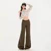 Jeans de mujer transfronterizos, ligeramente acampanados, estilo retro americano, fluidos, hasta el suelo, color café marrón, con estampado Yichun