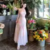 Vestido Longo Mermaid Bodycon de Renda Floral Rosa com Alça Fina para Mulheres Verão Praia Férias
