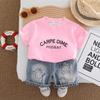 Traje de manga corta inglés con perforaciones calientes para niños 2025 Vestido de verano Estilo coreano Estilo extranjero Conjunto de dos piezas para niños 3 Ropa de moda para bebé 5