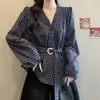 Camisa Xadrez Irregular Estilo Coreano Outono Plus Size com Cinto, Ajuste na Cintura, Cobertura da Barriga, Blusa Casual Simples para Mulheres