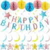 Conjunto de Decoração para Festa de Aniversário Banner de Aniversário Macaron Flores de Puxar Bolas Colmeia Espirais Conjunto de Decorações Penduradas Suprimentos para Festa