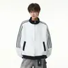 Chaqueta Retro Americana a Rayas de Bloques de Color con Cuello Alto para Hombres y Mujeres Marca de Moda Pareja Holgada Deportiva Versátil Ropa de Abrigo