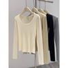 Suéter Básico de Punto Texturizado Estilo Europeo con Cuello en U y Hombro Normal para Mujer, Otoño e Invierno, Ajuste Delgado, Interior Suave, Top de Manga Larga