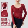 Camiseta de Malla con Volantes y Mangas Largas con Almohadillas en el Pecho, Ropa Deportiva Casual para Yoga, Top de Entrenamiento de Pilates Fitness de Manga Larga