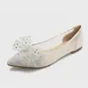 Sapatos Baixos de Tela Bico Fino Decote Baixo Strass Sapatos Femininos Tamanho Grande Vazado Respirável Solado Macio Laço Estilo Fada Leve