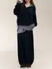 Conjunto de Sudadera a Cuadros Patchwork de Dos Piezas Falsas Estilo Retro Universitario Americano con Pantalones de Chándal con Cortina de Trasero