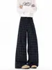 Pantalones de cuadros de longitud extendida 190 para hombres altos, pantalones casuales de pierna ancha, estilo casual, pantalones rectos hasta el suelo, negro oscuro y azul