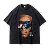 Camiseta de estrella de rap con cabeza grande y cara grande, lavada, retro, hip hop, manga corta, marca de moda, impresión de inyección directa de tinta blanca