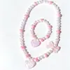 Lindo conjunto de colar, pulseira e brinco estilo Barbie em rosa claro com rosas, borboletas e corações, acessórios para vestidos de princesa de meninas