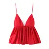 Estilo Europeo y Americano Sexy de Tirantes sin Espalda Verano Ropa de Mujer Transfronteriza al por Mayor Rojo Textura Satén de Seda Top Corto Abullonado