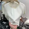 Camiseta de Punto Gris con Cuello Redondo y Dobladillo Francés, Lazo, Manga Corta para Mujer, Top Corto Holgado, Primavera y Verano 2025
