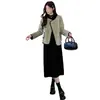 Foto real de la nueva ropa de otoño e invierno para mujer de talla grande de 2026: conjunto de suéter, falda básica, abrigo de lana verde