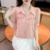 Blusa de gasa de manga corta para mujer, nuevo estilo de verano, adelgazante, disimula la barriga, elegante, rejuvenecedora, diseño único, top de nicho en color albaricoque