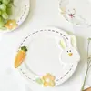 Juego de Vajilla de Plato y Tazón de Conejo de Dibujos Animados para Uso en Casa, Plato Plano Estilo Occidental en Relieve, Plato Cerámico Ceremonial para Desayuno, Lujo Ligero