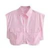 Camisa Listrada de Verão Feminina Estilo Europeu e Americano 2025 com Decoração de Bolso Grande 9700