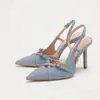 Tacones de Aguja de Punta Aguda en Mezclilla para Mujer, Nuevos Zapatos Elegantes de Estilo Francés para el Trabajo con Hebilla, Boca Baja y Correa Trasera, Zapatos de Tacón Alto de Moda