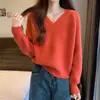 Suéter de punto suave con cuello en V estilo coreano para mujer, suéter exterior holgado de otoño e invierno, suéter suave y pegajoso, top de estilo perezoso suave