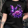 Camiseta estampada com padrão de rosa roxa e borboleta, top casual de manga curta e gola redonda para verão e primavera, vestuário feminino, presente de aniversário
