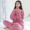 Pijama de Coral Fleece de Invierno para Mujer, con Terciopelo Plus, Bata Gruesa de Franela, Conjunto Suelto de Terciopelo de Algodón Shu Jacquard