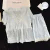 Pijama Duas Peças Nuvens de Algodão Azul Claro com Renda e Decote V para Mulheres, Verão, Manga Curta, Shorts com Bojo, Conjunto Suave e Romântico para Casa