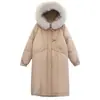 Abrigo de algodón con relleno de plumón y cuello grande de pelo estilo coreano para mujer, diseño largo hasta la rodilla con botones de cuerno, chaqueta de algodón engrosada, disponible en varios colores