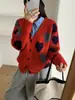 Moda de Inverno 2025 Versátil Gola V Emagrecedor e Rejuvenescedor Padrão Diamante Cardigan Suéter de Tricô com Estilo Relaxado e Design de Coração