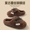 2026 Novos Chinelos de Algodão Pelúcia Retro com Laço de Inverno Femininos para Interior Quentes com Área Antiderrapante TPR Chinelos de Algodão para Casa