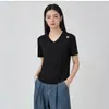 Camiseta de Manga Corta con Cuello en V de Algodón Puro Premium en Stock para Mujer, Top Corto Casual Ajustado para Primavera y Verano, Mayoreo