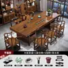 Juego de Mesa de Té Grande y Sillas de Madera Maciza, Una Mesa y Cinco Sillas, Madera Natural, Estilo Chino Nuevo, Mesa de Té para el Hogar, Estación de Preparación de Té para Oficina, Todo en Uno