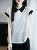 Top de Bambú y Lino para Mujer de Verano, Cuello Polo, Bloques de Color, Manga Corta, Holgado, Transpirable, Adelgazante, Artístico, Versátil, Algodón-Lino para Mujer