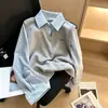 Suéter de Cuello Camisero de Otoño Temprano con Diseño Falso de Dos Piezas para Mujer, con Letras Bordadas y Empalme de Camisa Rayada de Manga Larga, Aspecto en Capas Estilo Coreano