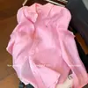 Camisa de linho bordada rosa estilo old money com gola virada para baixo para mulheres, início do outono de 2026, nova camisa de alta qualidade, relaxada e elegante, de corte solto