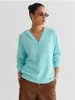 Blusa de Manga Longa Feminina Céu Azul Outono com Capuz Suéter de Tricô Gola V Solta Macia Felpuda Pulôver Roupa Externa Versátil